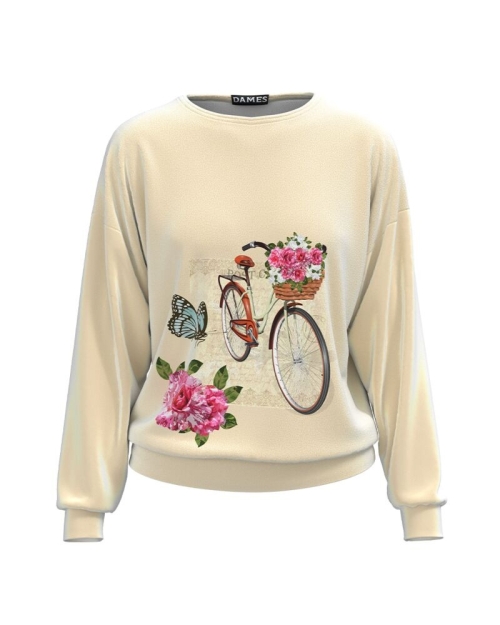 Bluza bej tip hanorac din catifea cu imprimeu Vintage CMD3690