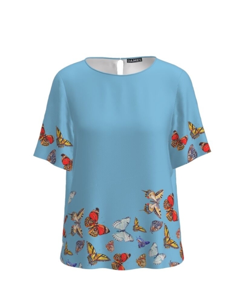 Bluza bleu cu maneca scurta imprimata cu model Fluturi CMD2720