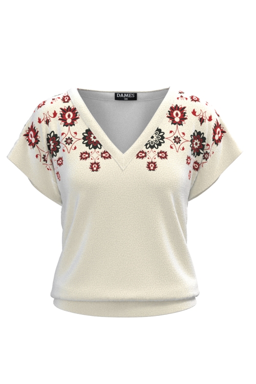 Bluza din catifea cu decolteu in V imprimata tranditional