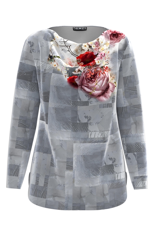 Bluza din catifea in nuante de gri imprimata flori de primavara SS25