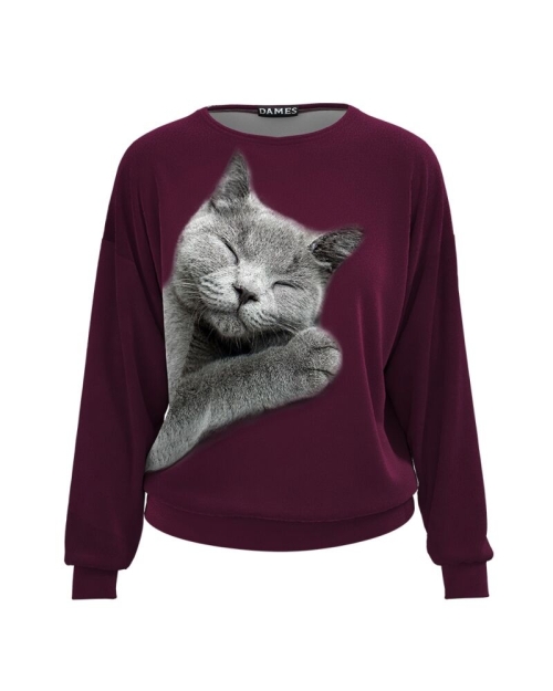 Bluza grena tip hanorac din catifea cu imprimeu Pisica CMD3917