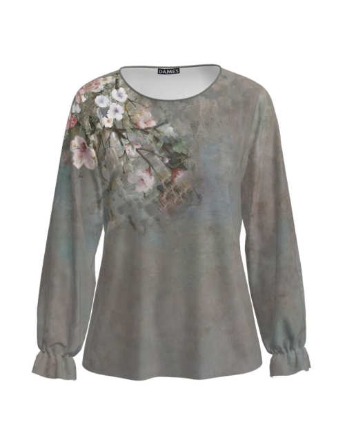 Bluza gri cu maneca lunga imprimata cu model floral CMD1570