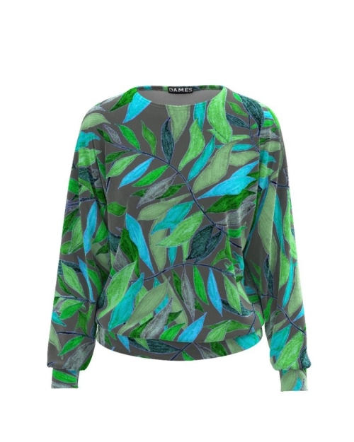 Bluza gri tip hanorac din catifea cu imprimeu frunze CMD484 - Img 1