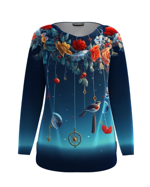 Bluza in nuante de albastru din catifea cu imprimeu floral CMD4718