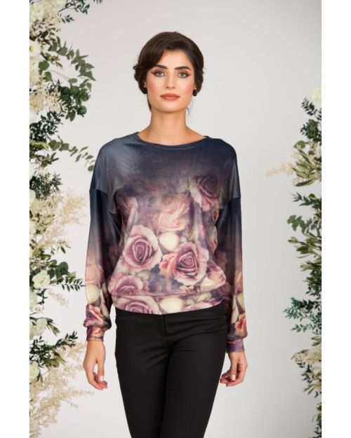 Bluza maro tip hanorac din catifea cu imprimeu trandafiri CMD1709 - Img 1