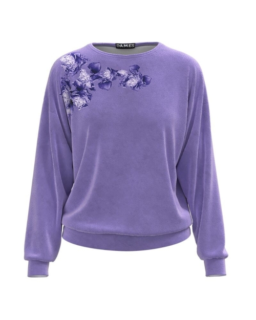 Bluza mov tip hanorac din catifea cu imprimeu floral CMD1742