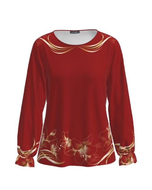 Bluza rosie cu maneca lunga imprimata cu model floral Crini CMD1997