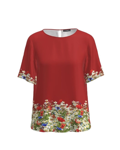 Bluza rosie de vara cu maneca scurta imprimata Flori de camp CMD765