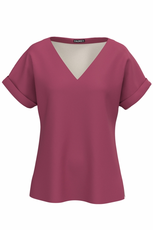 Bluza roz trandafiriu de vara cu maneca raglan si decolteu in V