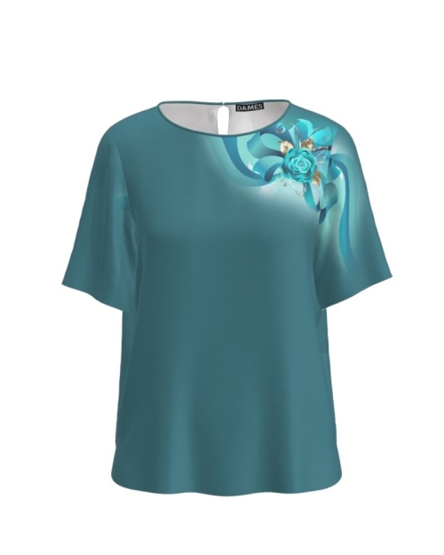 Bluza turcoaz cu maneca scurta imprimata cu model Floral CMD2973 - Img 1