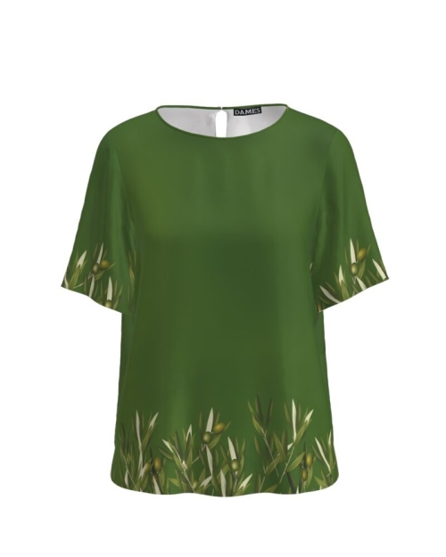 Bluza verde cu maneca scurta imprimata cu model ramuri de maslin CMD3028 - Img 1