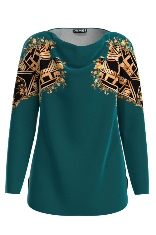 Bluza verde marin din catifea cu imprimeu floral