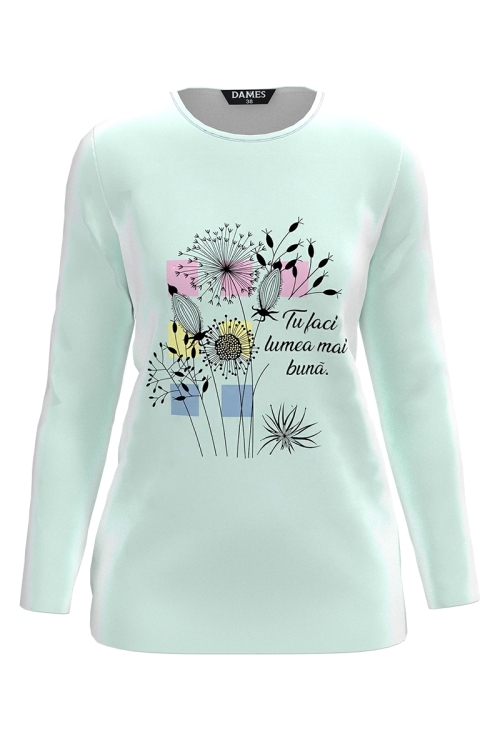 Bluza vernil din catifea cu mesaj O lume mai buna