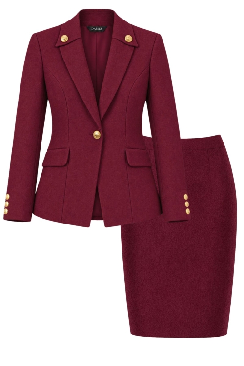 Costum bordo sacou cu nasturi aurii si fusta conica din stofa fina Valeria