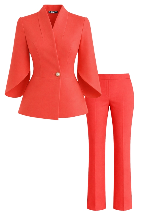 Costum elegant cu sacou corai si pantalon drept corai