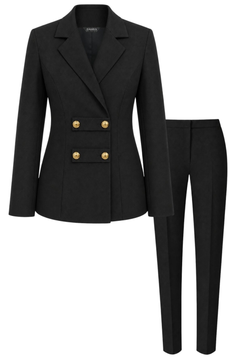 Costum elegant negru cu sacou military si pantaloni conici