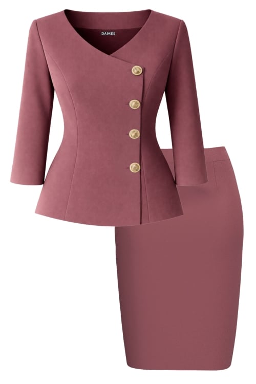 Costum elegant sacou cu decolteu inima si fusta conica roz antic