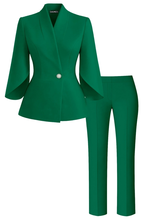 Costum elegant sacou cu maneci asimetrice si pantalon drept Verde deschis