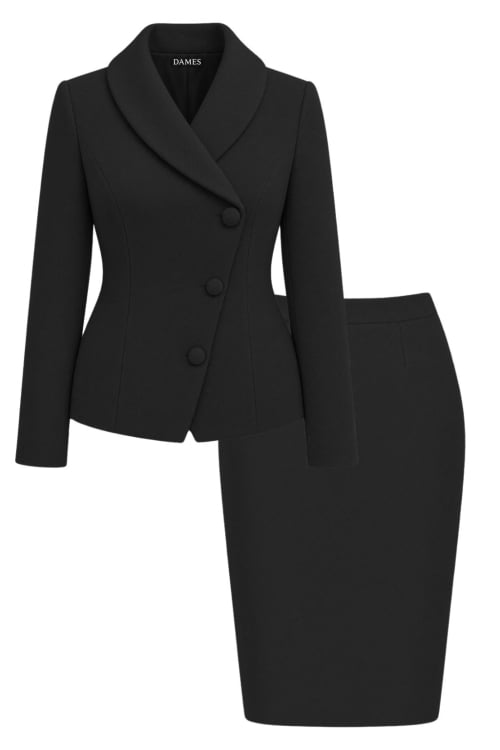 Costum negru cu sacou asimetric si fusta din stofa groasa Noemi