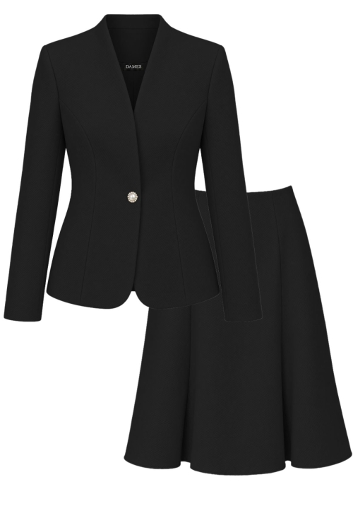 Costum negru cu sacou cambrat si fusta in clini din stofa groasa Noemi