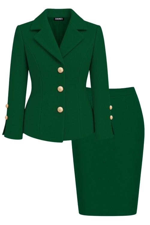 Costum verde sacou cu maneci despicate si fusta din stofa groasa Noemi