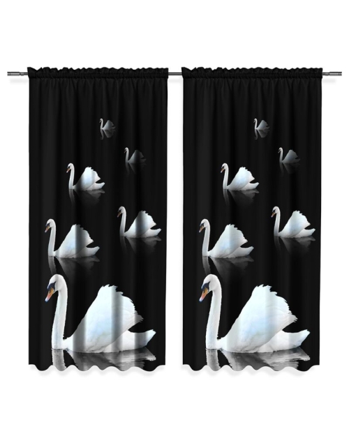 Draperie neagra din satin imprimata cu model Lebede CMD1883 - Img 2