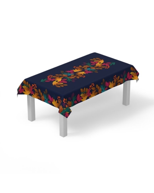 Fata de masa bleumarin din satin imprimat cu model frunze CMD3544 - Img 2