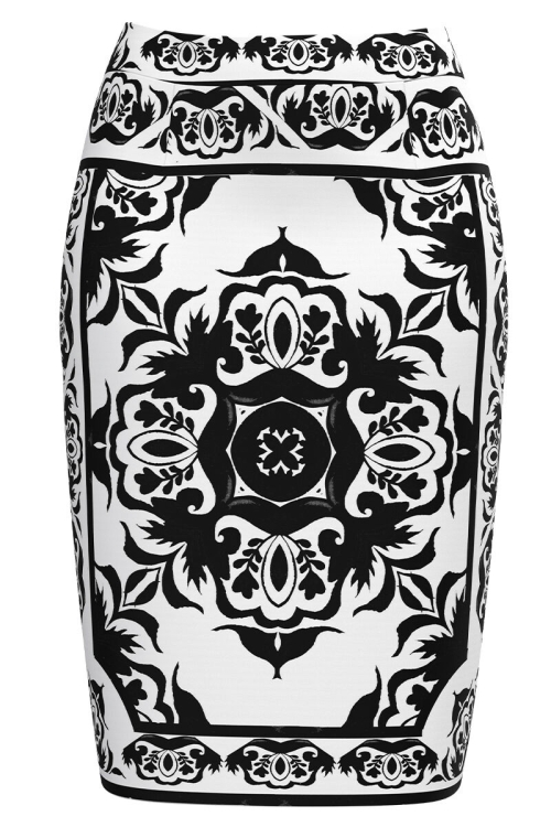 Fusta conica alba imprimata cu model floral Negru CMD4532 - Img 2