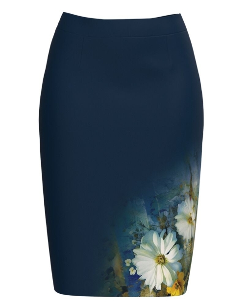 Fusta conica bleumarin imprimata cu model floral