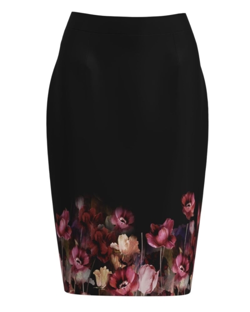 Fusta conica neagra imprimata cu model floral CMD1164