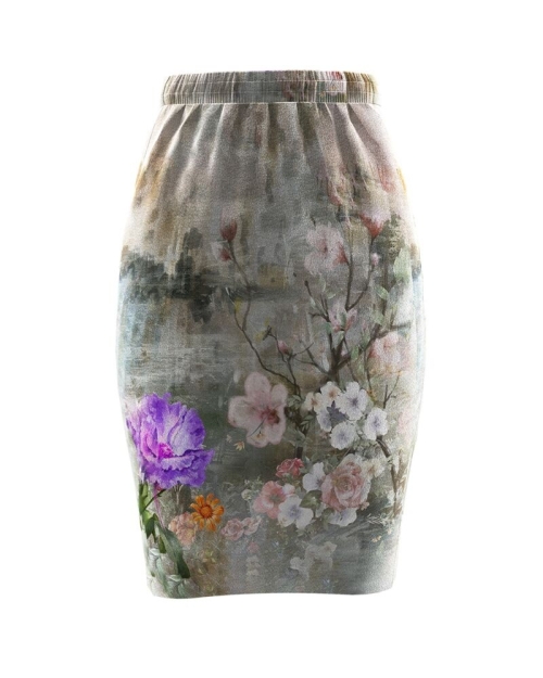 Fusta gri cu imprimeu floral din catifea cu buzunare CMD667 - Img 1