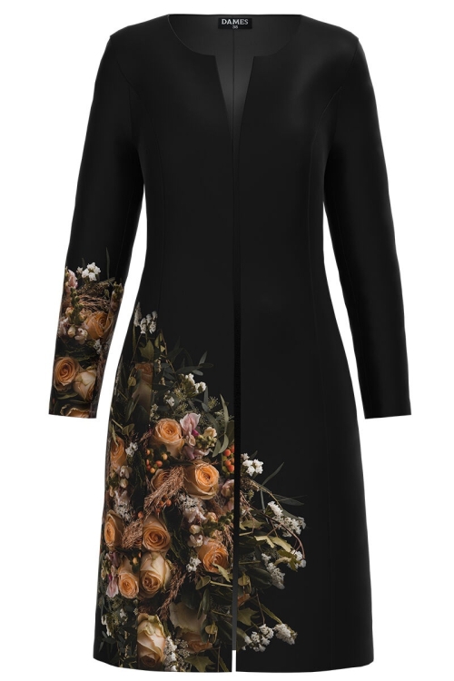 Jacheta de dama lunga, neagra imprimata cu model floral trandafiri CMD1173 - Img 2