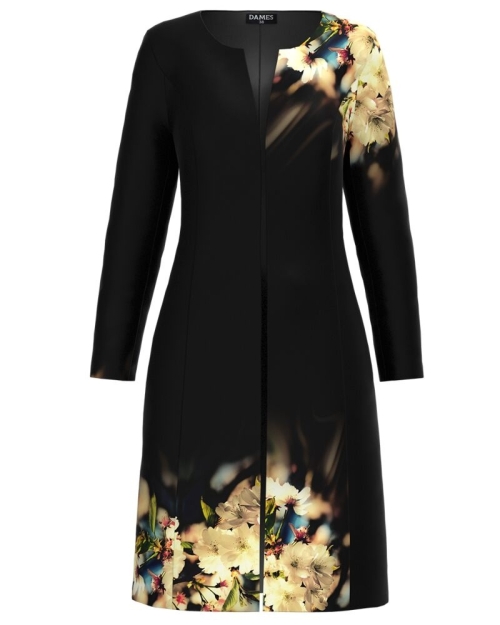 Jacheta neagra de dama lunga imprimata cu model flori de cires CMD3244