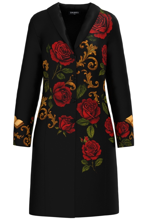 Palton negru din stofa imprimat Noir Rose