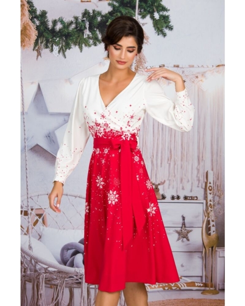 Rochie alb rosu eleganta imprimata Fulgi de zapada CMD1505 - Img 3
