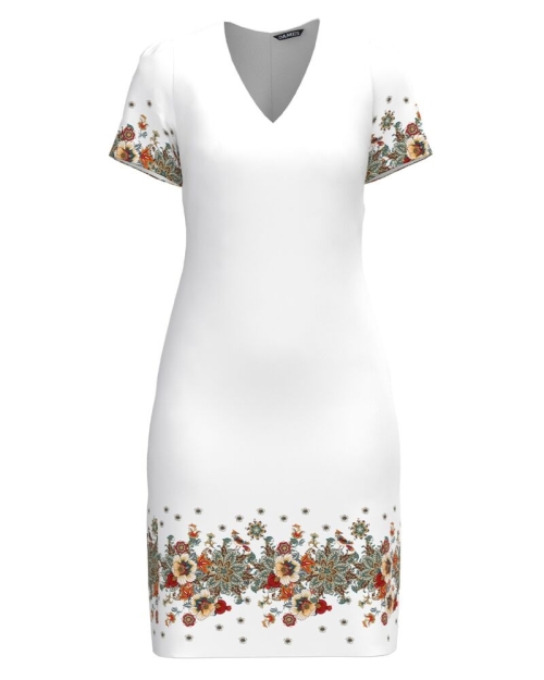 Rochie alba casual cu decolteu in V imprimata cu model floral CMD4613