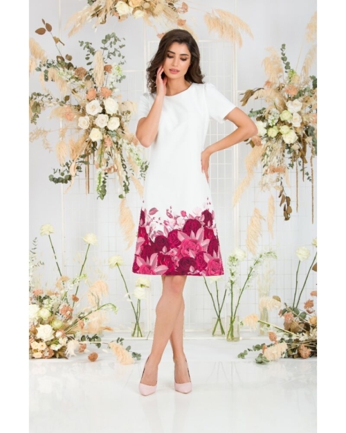 Rochie alba casual cu maneca scurta imprimata Trandafiri CMD743 - Img 1