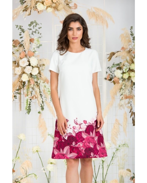 Rochie alba casual cu maneca scurta imprimata Trandafiri CMD743 - Img 2
