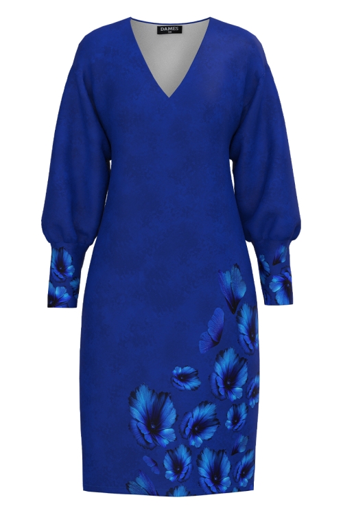 Rochie albastra din catifea cu imprimeu floral
