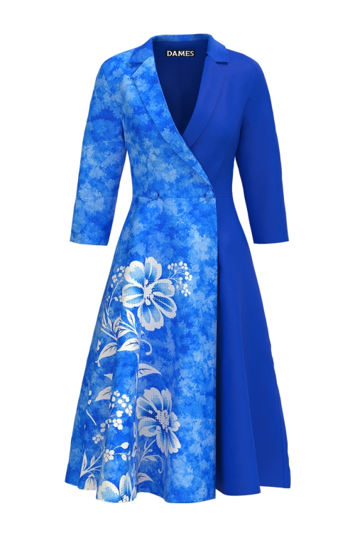 Rochie albastra tip pardesiu petrecuta cu imprimeu floral