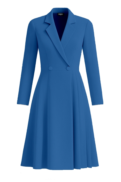 Rochie albastra tip sacou cu nasturi si pliuri