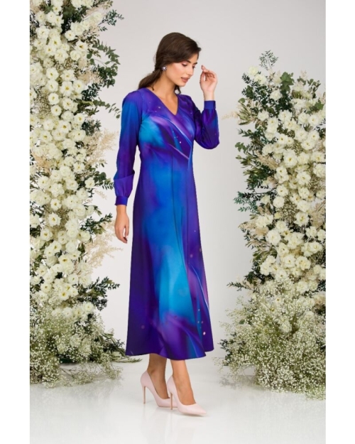 Rochie albastru violet eleganta cu maneca lunga imprimata digital CMD2944 - Img 6