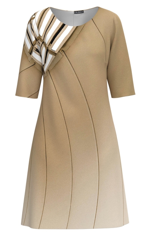 Rochie bej casual cu maneca imprimata digital CMD1095 - Img 2