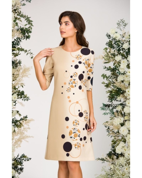 Rochie bej casual imprimata cu model geometic in contrast CMD3183 - Img 6