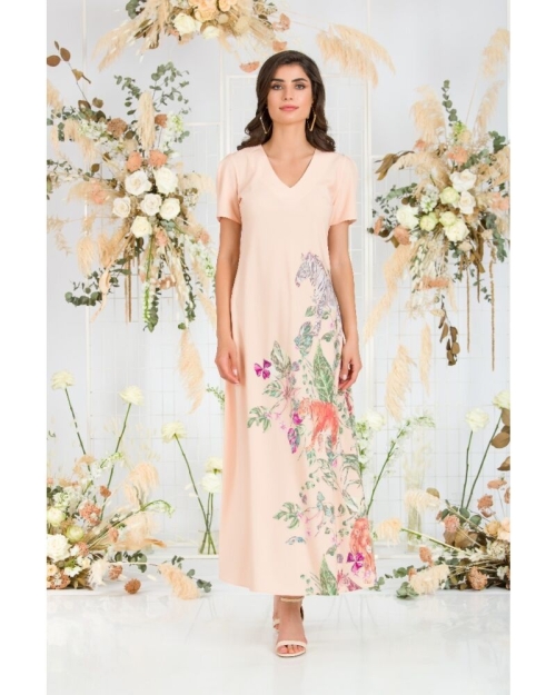Rochie bej de vara lunga cu buzunare imprimata digital Africa CMD731 - Img 5