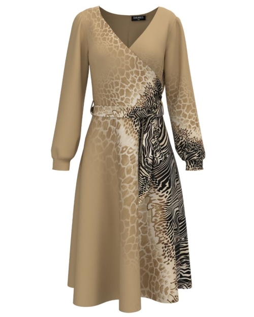 Rochie bej eleganta cu maneca lunga imprimata digital CMD1485