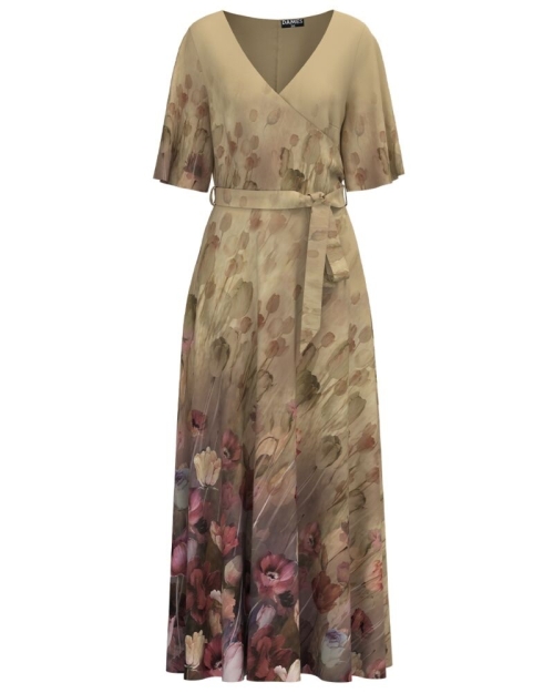 Rochie bej lunga eleganta de seara imprimata digital cu model Floral CMD1064 - Img 1