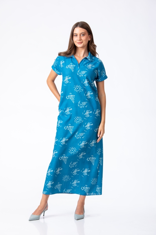 Rochie bleu lunga din In cu buzunare imprimata Flori Art by Iulian COPACEL