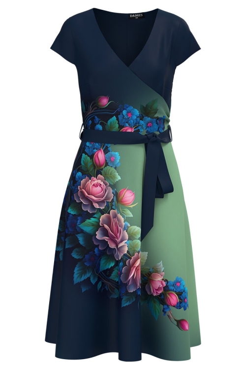 Rochie bleumarin de vara cu maneca scurta imprimata cu model floral - Img 2