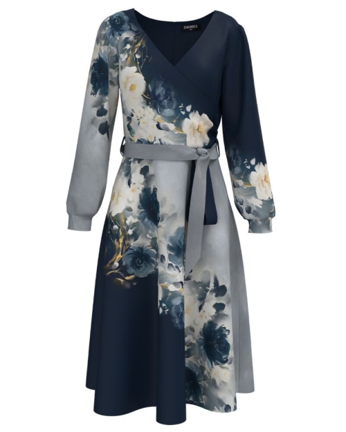 Rochie bleumarin eleganta cu maneca lunga imprimata floral